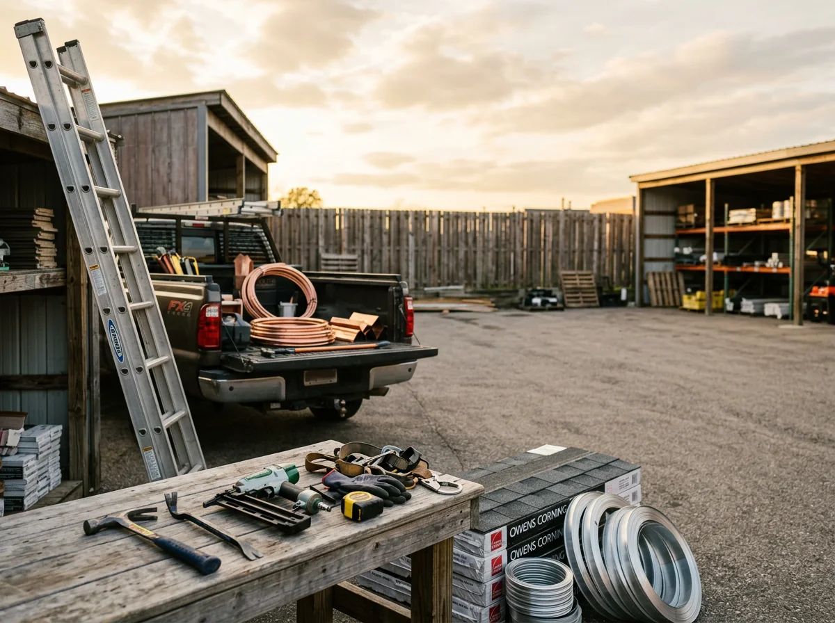 Construction crew tools and equipment staged for residential roofing and carpentry projects.