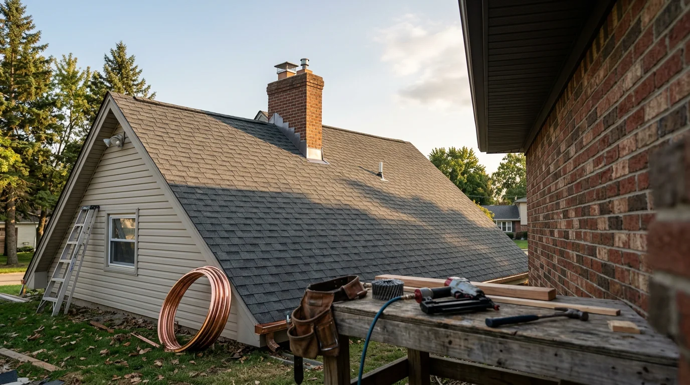 Roofer installing shingles on a residential home