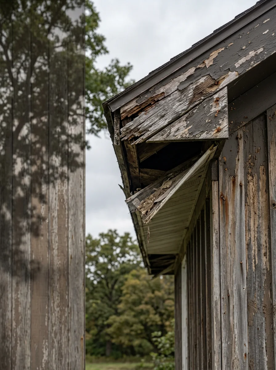 Rotted wood fascia and failed soffit venting on a rural farmhouse in Lenawee County, Michigan, exposed before carpentry repairs and new siding installation.