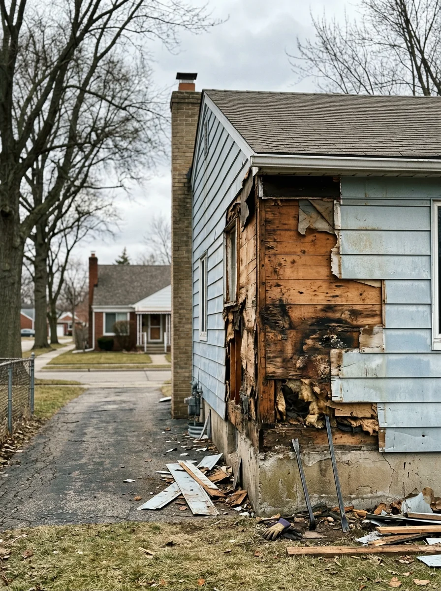 Oxidized aluminum siding being removed from a postwar ranch home in Roseville, Michigan, revealing rotted original wood siding and sheathing beneath.