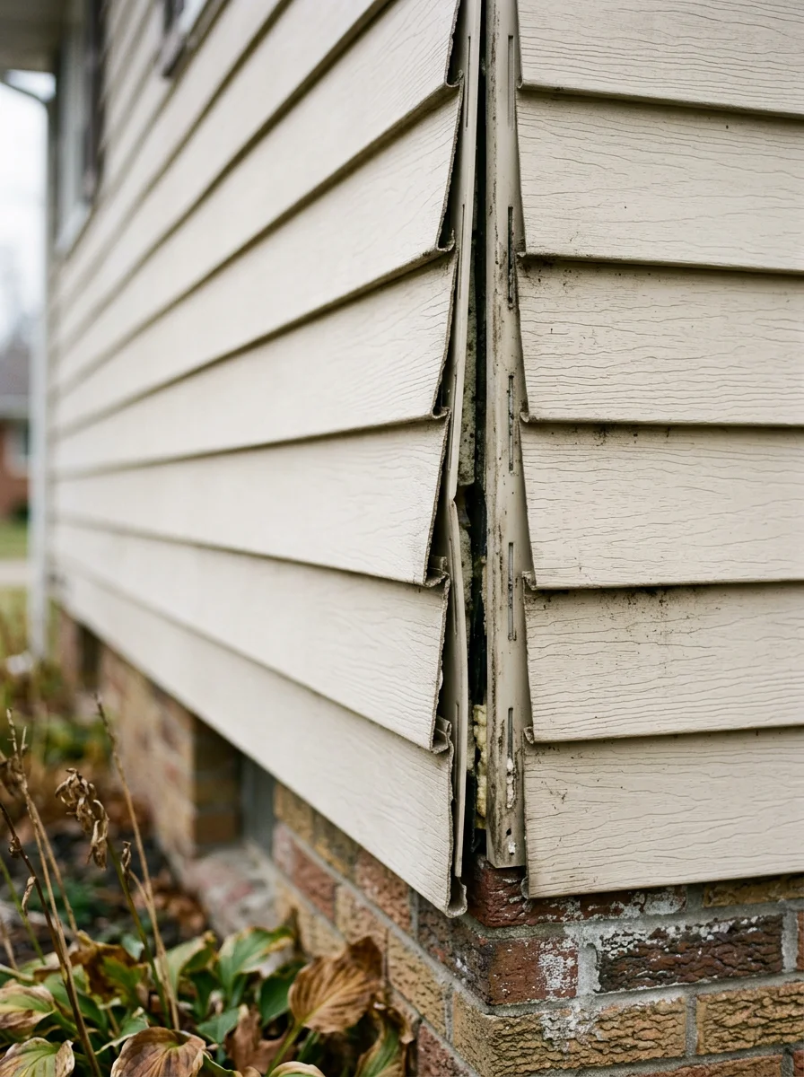 Close-up of warped vinyl siding panels on a 1960s ranch home in Temperance, Michigan, showing freeze-thaw separation at the seams.