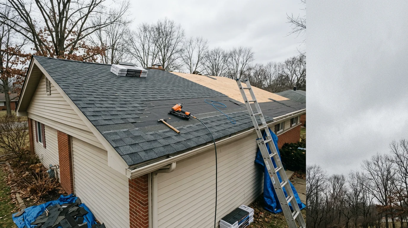 Roofer installing architectural shingles on a postwar ranch home in Monroe County, Michigan, with bare tree branches visible against a gray winter sky.