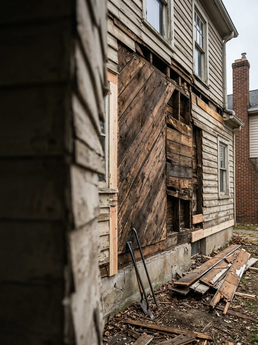 Rotted wood fascia and original clapboard siding being removed from a 1930s pre-war home in Pontiac, Michigan, exposing deteriorated sheathing beneath.