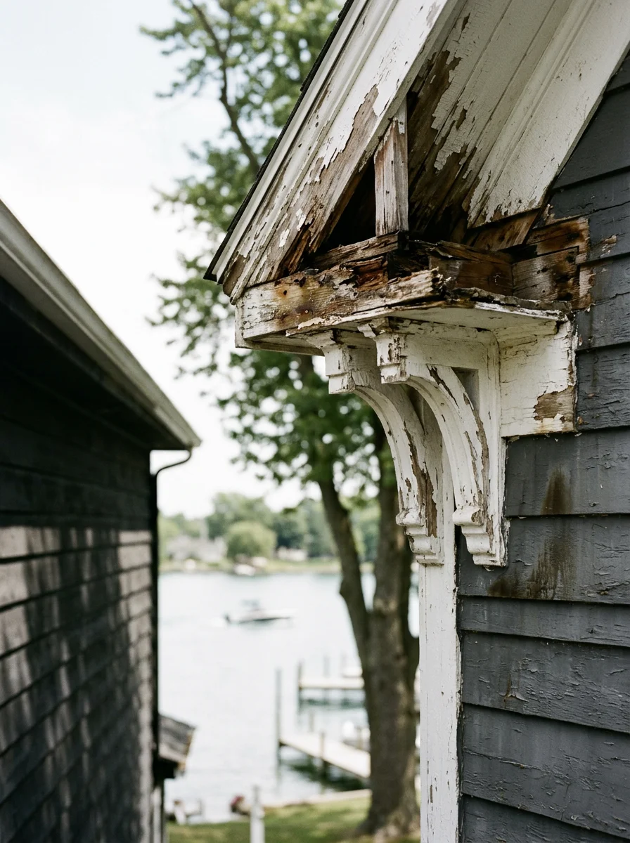 Rotted fascia and soffit framing exposed on a riverfront home in Marine City, Michigan, showing wind-driven moisture damage before siding replacement.