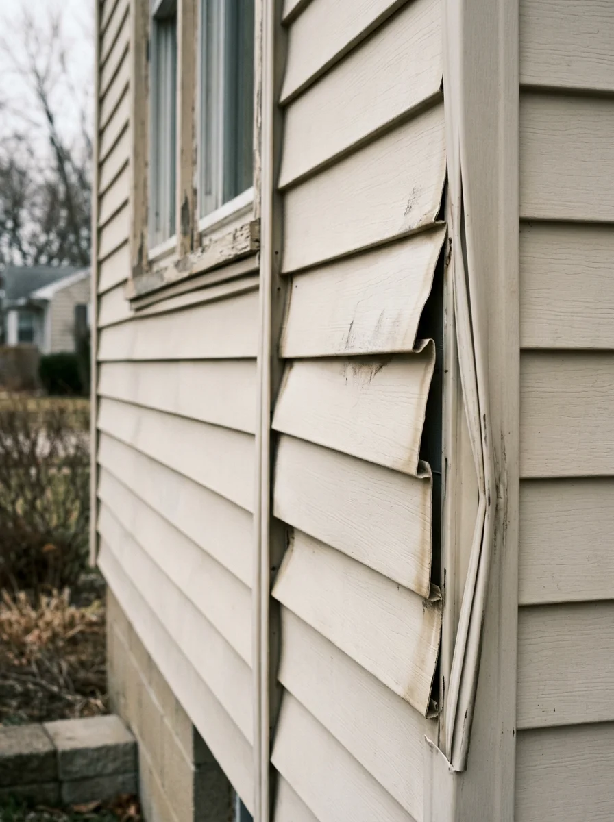 Close-up of warped vinyl siding panels on a 1960s ranch home in Temperance, Michigan, showing freeze-thaw separation at the seams.