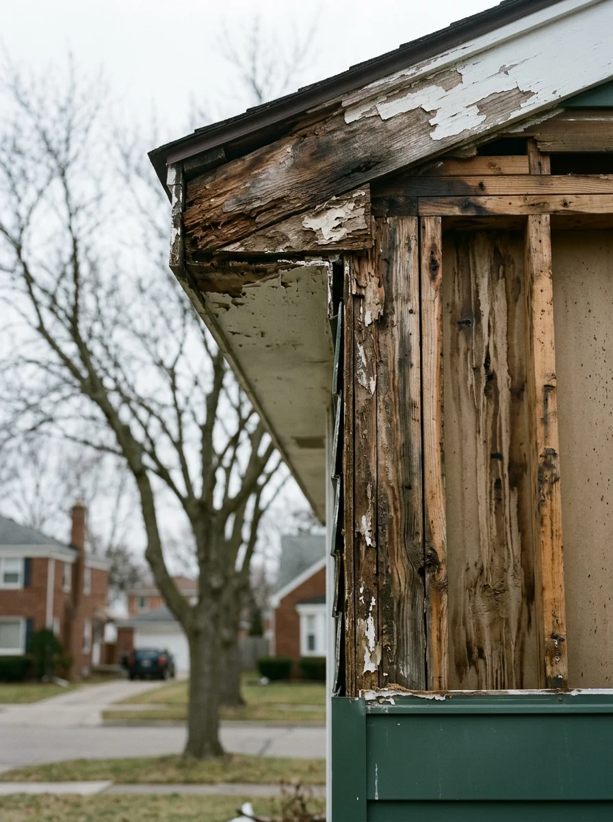 Rotted fascia board exposed after aluminum siding removal on a mid-century home in a Downriver Wayne County neighborhood, showing moisture damage to the original wood framing.