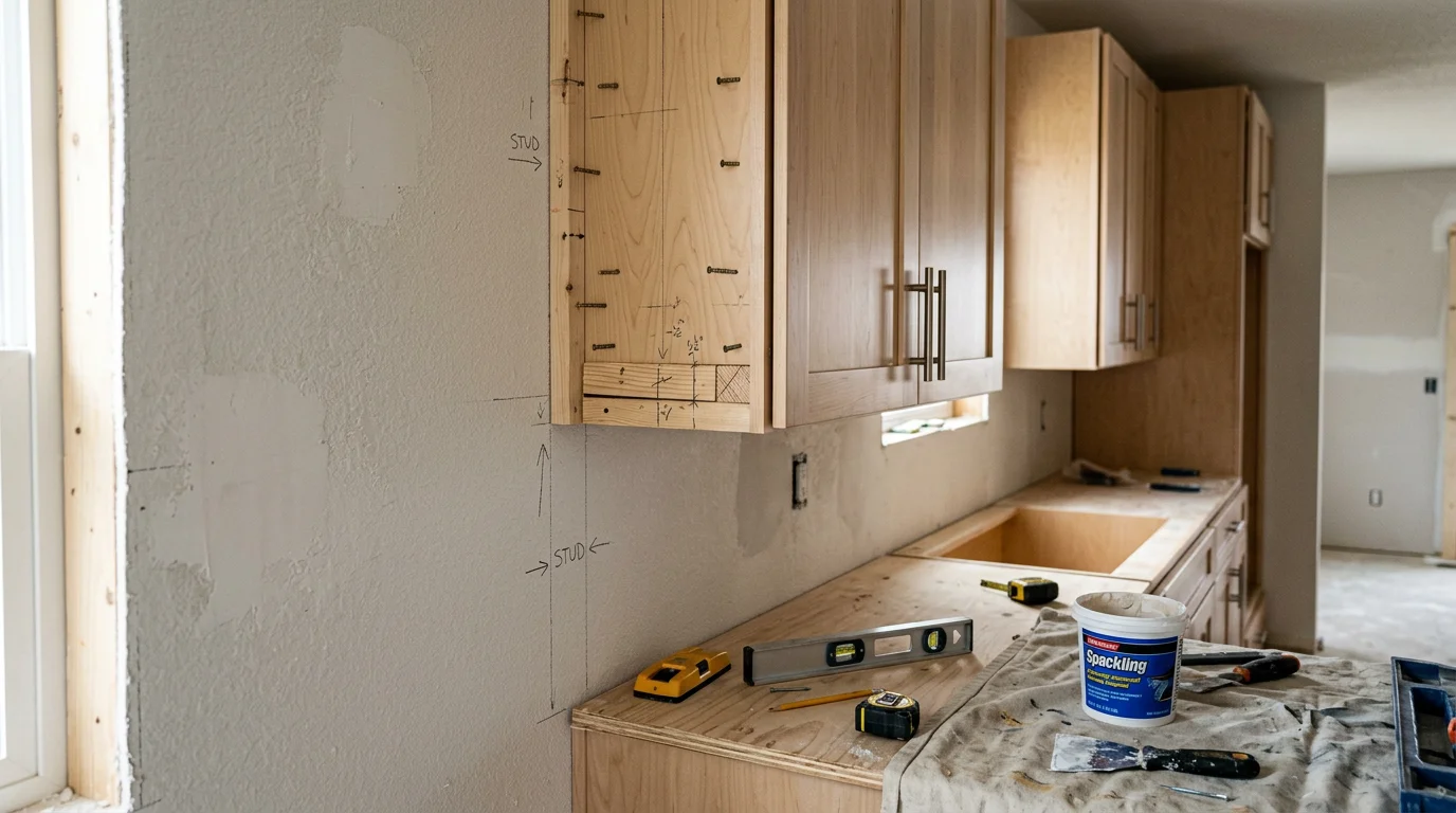 Newly installed kitchen cabinets with clean lines and secure wall mounting in a Monroe County home. A carpenter checks cabinet alignment with a level during installation.