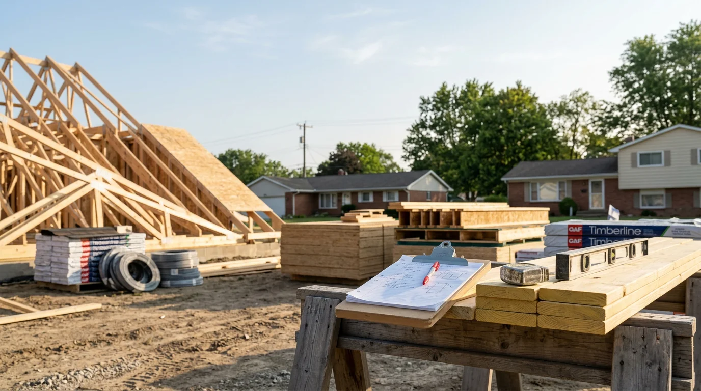 A construction professional reviewing active framing work on a residential property in Monroe County, Michigan. The image shows a job site walkthrough with structural elements visible and a contractor inspecting work in progress.