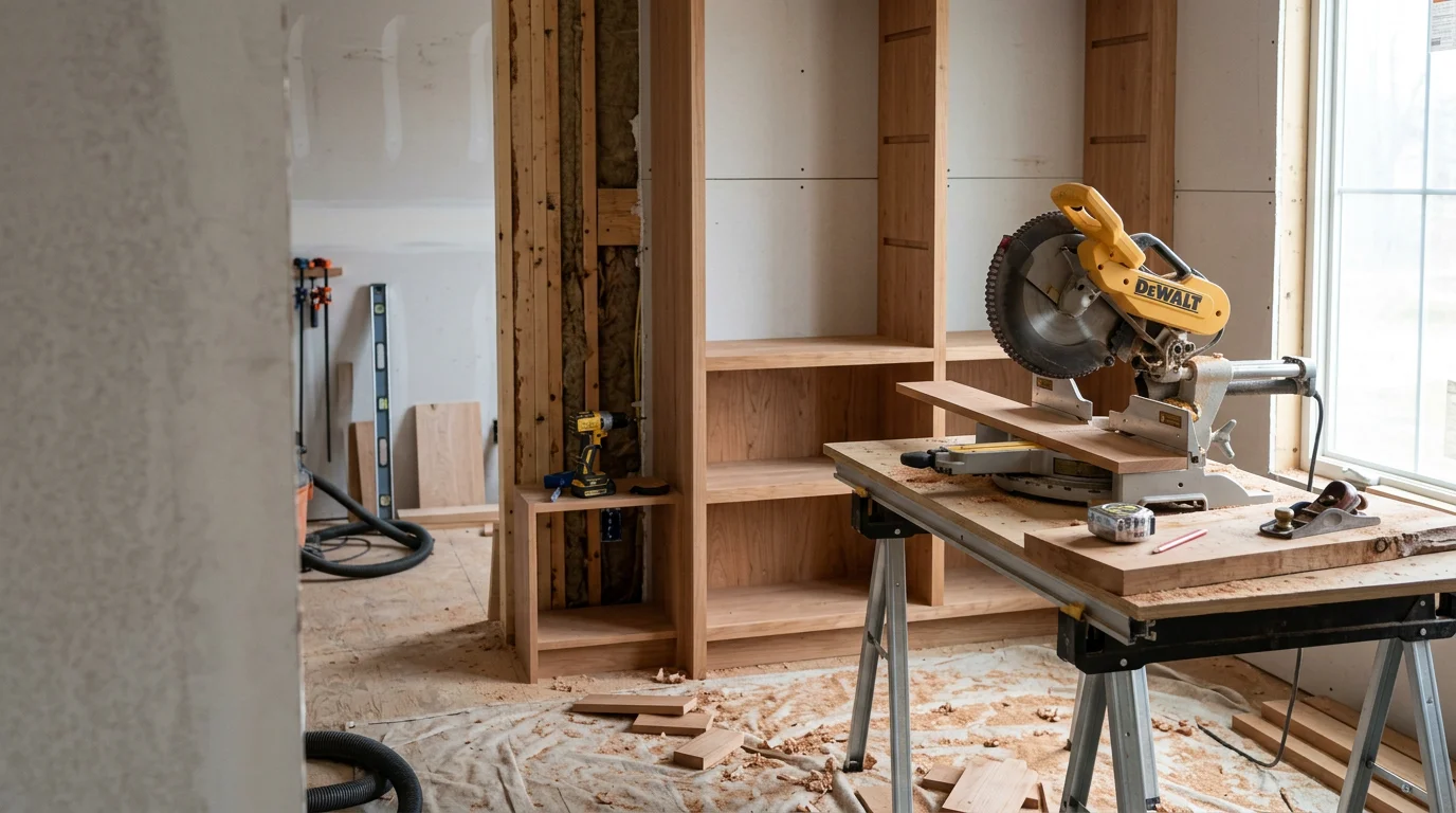 Custom built-in wood shelving installed in a Monroe County, Michigan home, showing precise fit along an interior wall with clean wood joinery and a natural finish. The work reflects hand-measured carpentry suited to the room's existing dimensions.