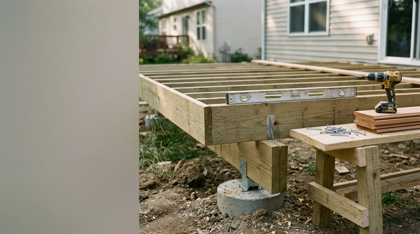 A completed wood deck with secure railings on a residential home in Monroe County, Michigan. The deck shows pressure-treated framing and evenly spaced decking boards suited for Michigan's seasonal weather.