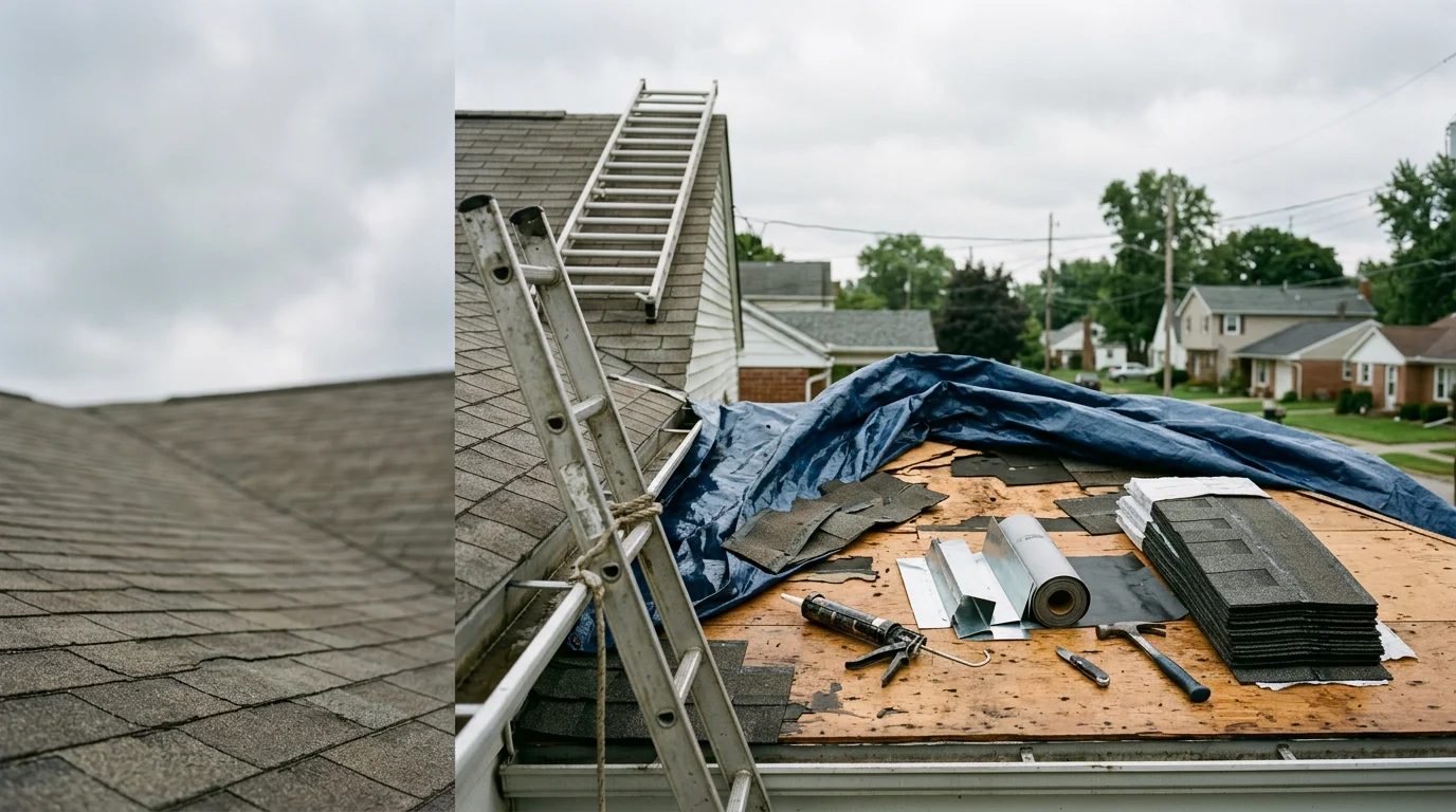 A Monroe County residential roof with storm-damaged shingles being assessed by a roofing contractor after a wind event. The image shows displaced shingles along the roof edge and a crew member inspecting the affected section.