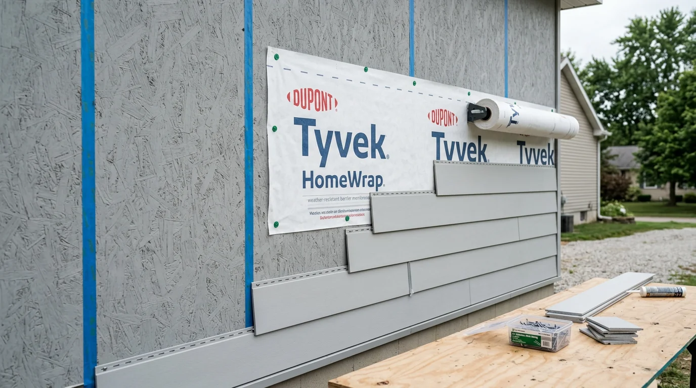 Freshly installed exterior cladding panels on a residential home in Monroe County, Michigan, showing sealed corner trim and a clean wall surface ready for Michigan weather. Close view of panel overlap and joint sealing along the front elevation of the house.