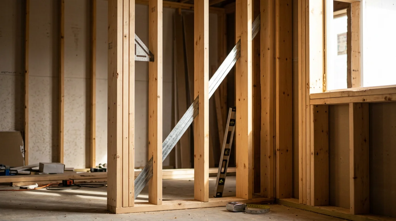 Residential wood wall framing in progress on a Monroe County home addition, showing plumb studs, header beams, and an open floor system ready for the next construction phase.