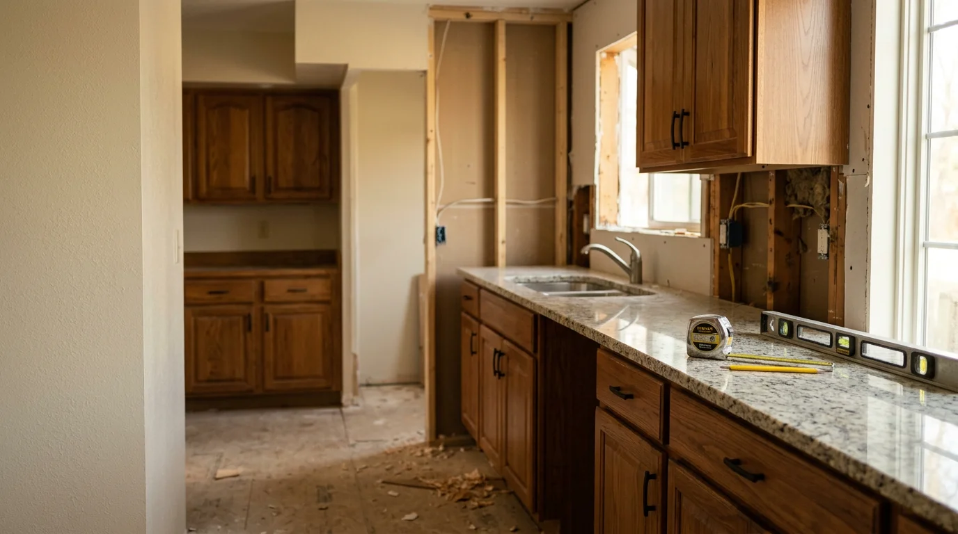 Remodeled kitchen interior inside an older Monroe County, Michigan home, showing updated cabinetry and refreshed surfaces. General contractor work completed by Morenos Construction and Repairs LLC.