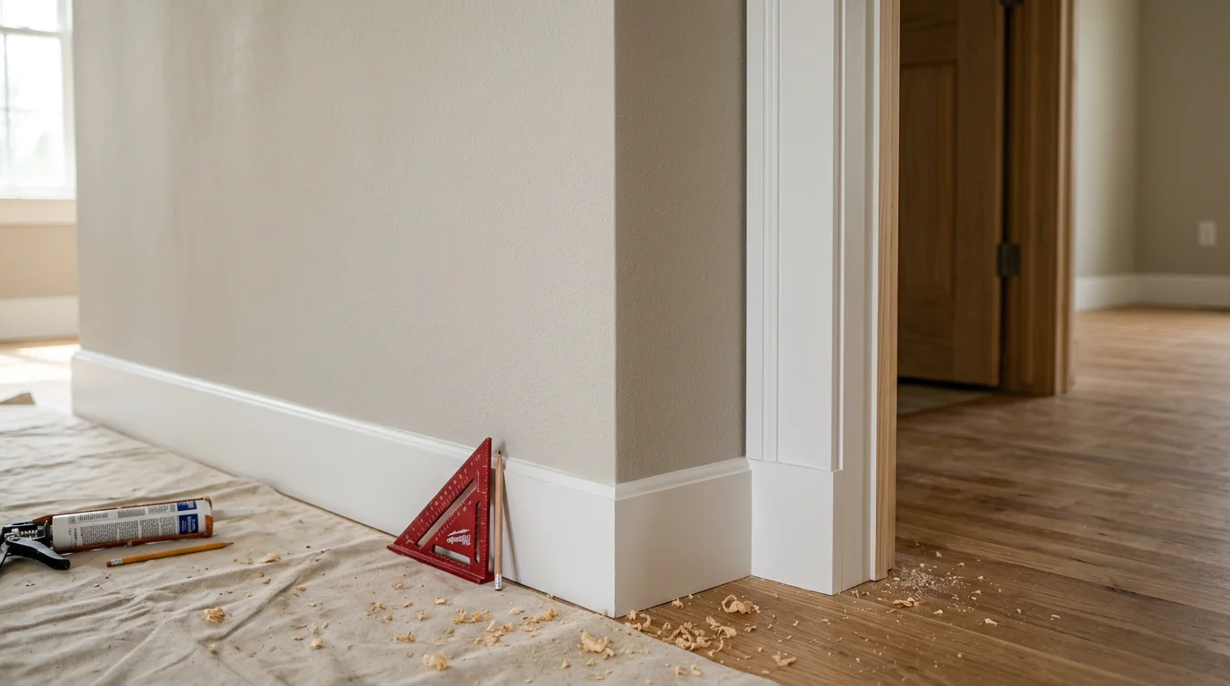 Freshly installed white baseboard and door casing trim in a Monroe County, Michigan home, showing tight corner joints and a clean paint-ready finish. The room features a standard interior doorway with new casing fitted flush against drywall.