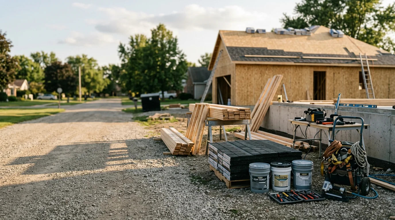 A Monroe County residential property mid-project with roofing and framing crews working in coordinated stages. A general contractor reviews work sequencing on site with multiple trade teams visible.