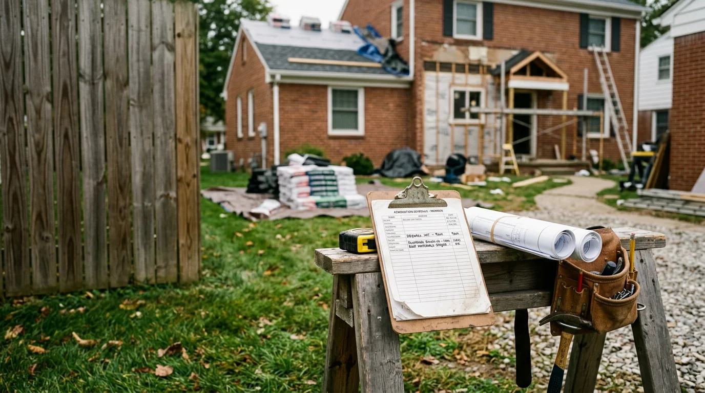 A general contractor reviewing a construction project plan on a clipboard at a residential job site in Monroe County, Michigan. Work in progress is visible in the background with framing and roofing materials on site.