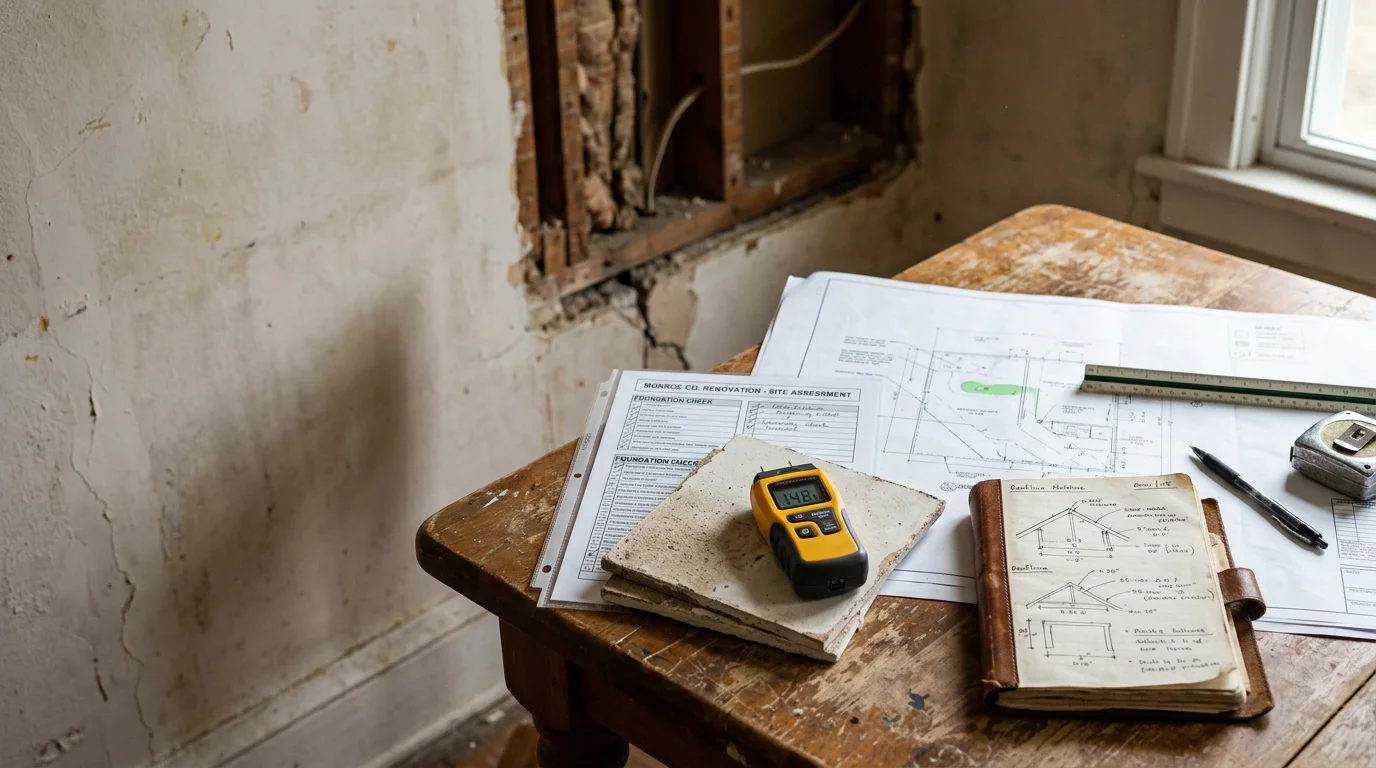 A general contractor reviewing renovation plans with a Monroe County homeowner at a kitchen table, with hand-drawn floor sketches and a notepad visible. The home interior shows older construction details typical of residential properties in Monroe County, Michigan.