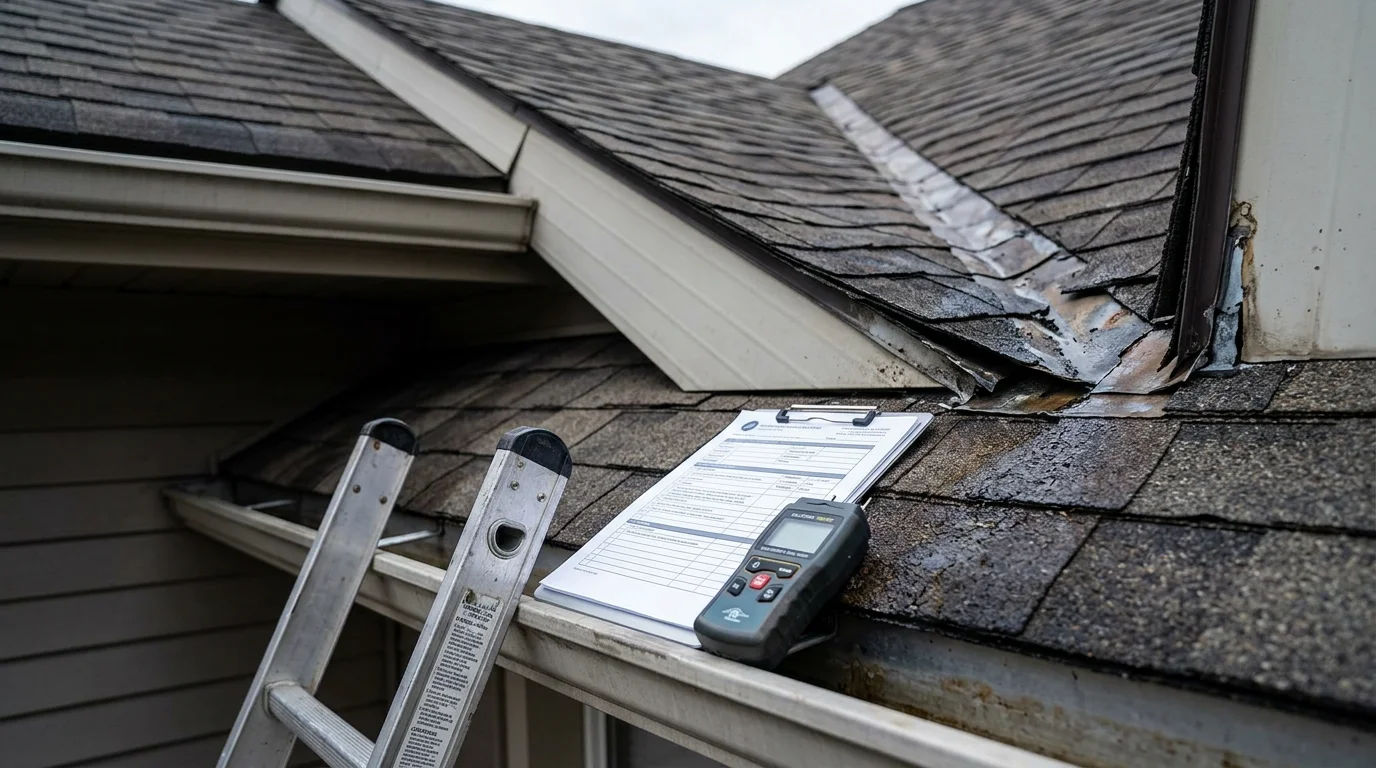 A roofing contractor from Morenos Construction & Repairs LLC inspecting shingles and flashing on a residential roof in Monroe County, Michigan. Close-up view of the roof surface showing the inspection process on a typical Michigan home.