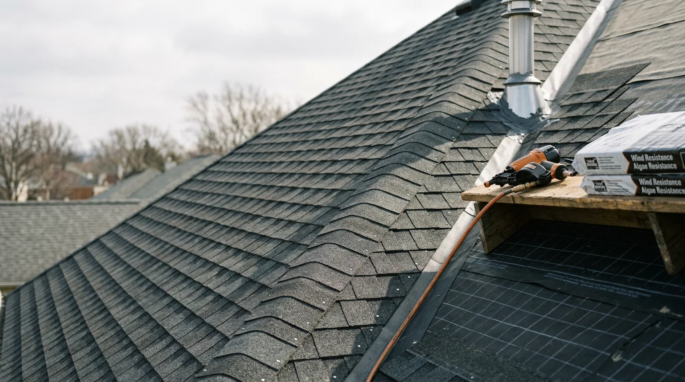 Newly installed residential roof on a Monroe County, Michigan home, showing clean shingle lines and finished ridge detail. The surrounding landscape reflects the flat, lake-adjacent terrain typical of the area.