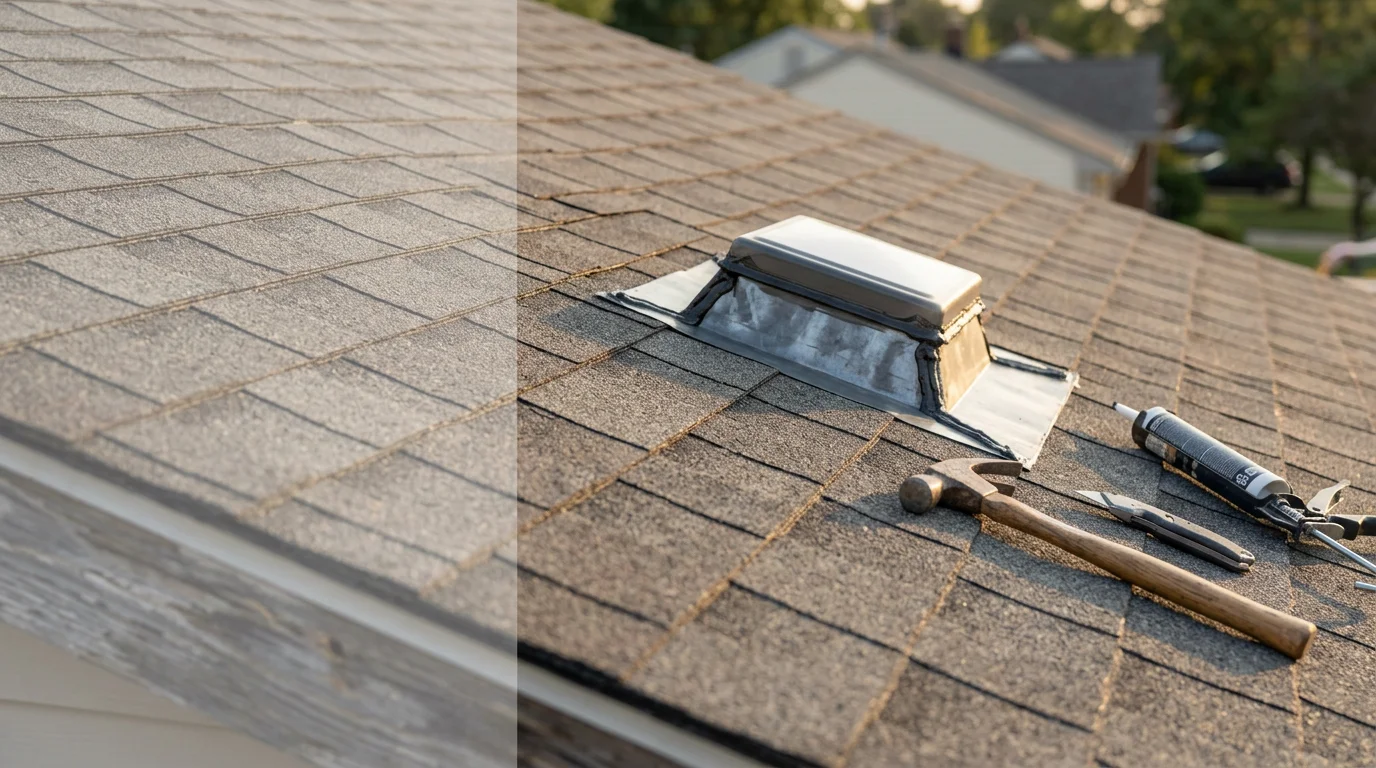 A Morenos Construction & Repairs LLC crew member repairing damaged shingles and flashing on a residential roof in Monroe County, Michigan. Close-up view shows replaced shingle sections and sealed flashing along a roof valley on a single-family home.
