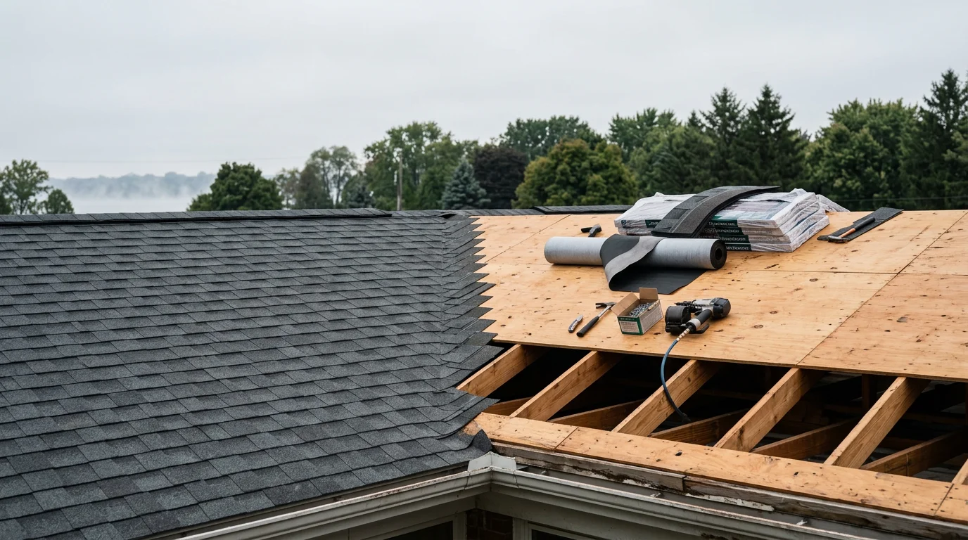 Completed residential roof replacement on a single-family home in Monroe County, Michigan, showing new roofing installation with clean ridge lines and fresh flashing details. Full tear-off and replacement project by Morenos Construction and Repairs LLC serving the Monroe County area.