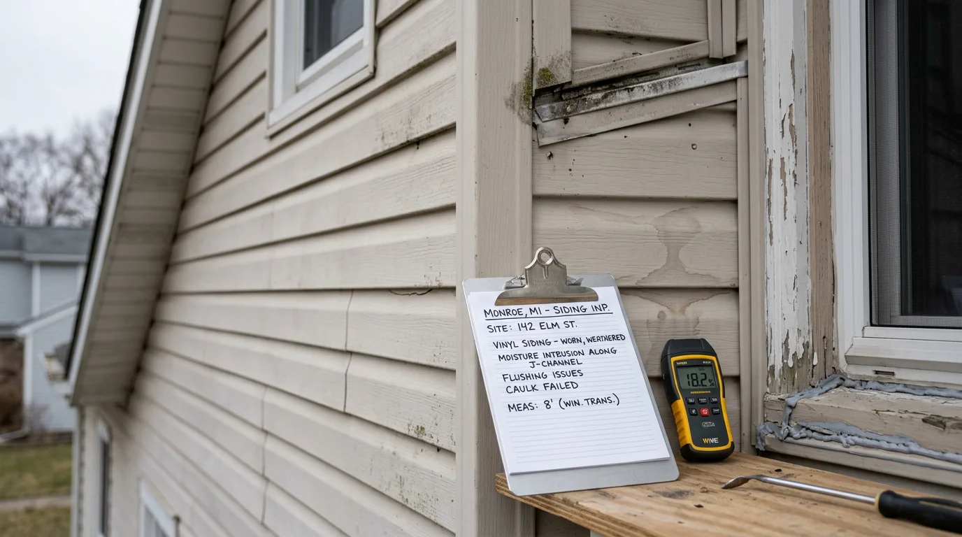 A siding contractor from Morenos Construction & Repairs LLC inspecting exterior wall panels and trim on a residential home in Monroe County, Michigan. Close-up view shows seam and flashing condition being assessed along a window edge.