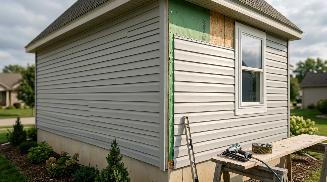 Newly installed siding panels on a residential home in Monroe County, Michigan, with finished corner trim and sealed window surrounds. The exterior shows clean, even panel alignment on a single-family home typical of the Temperance and Dundee area.