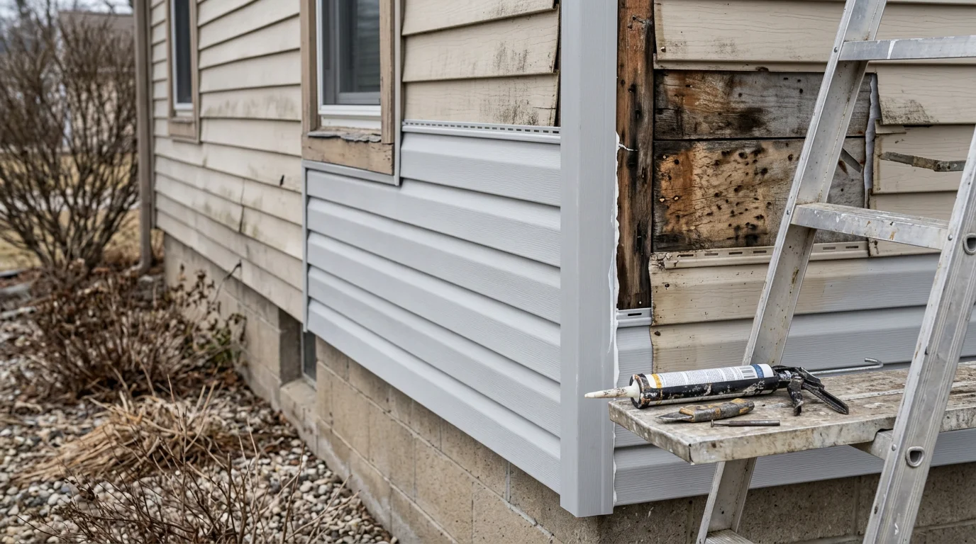 Close-up of a Monroe County home exterior showing a contractor replacing a cracked siding panel on a residential wall. Repaired section blends with surrounding boards on a single-story home.