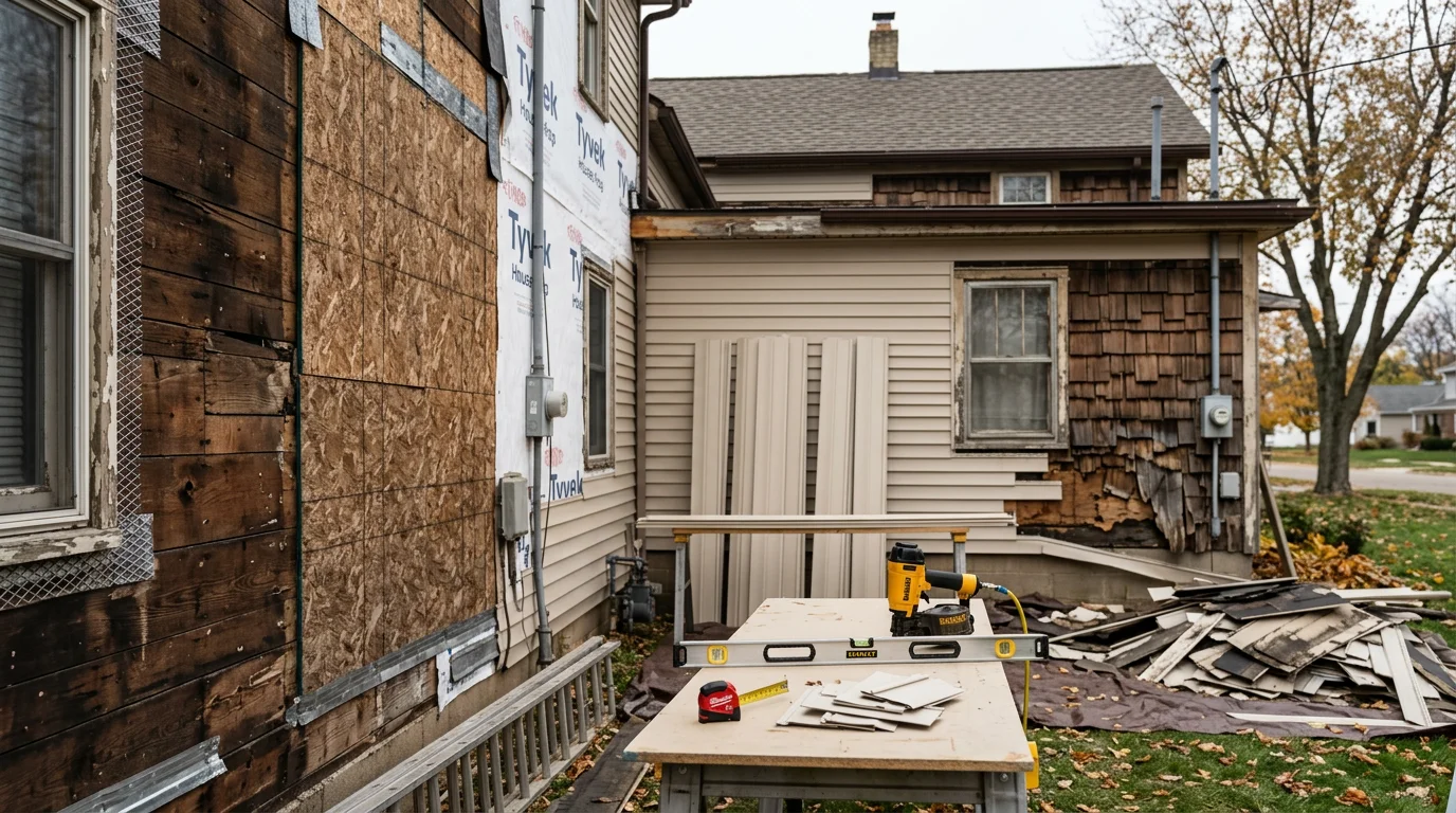 Freshly replaced exterior siding on a residential home in Monroe County, Michigan, showing new panels and finished trim around windows. The completed exterior reflects a clean wall assembly suited to the area's Lake Erie climate and freeze-thaw conditions.